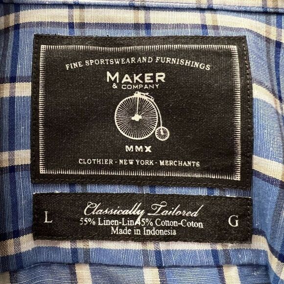 Maker & Company Linen Cotton Blend Blue Plaid Button Front Casual Shirt Size L - Picture 8 of 8